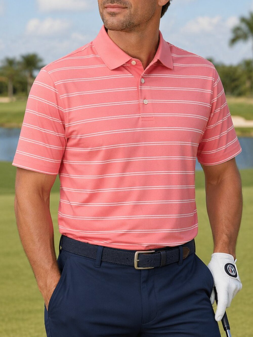 PGA Tour Men’s XL Golf Polo Shirt Coral White Striped Short Sleeve Performance